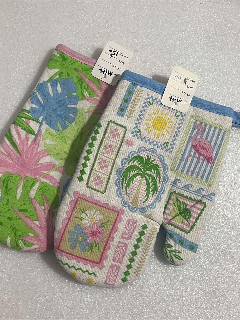 Flamingo Floral & Tropical Oven Mitts - Pink, Green, Blue